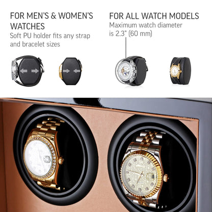 Automatic Watch Winder with LED Light, Storage Drawer and LCD Touchscreen Control (Black + Brown)