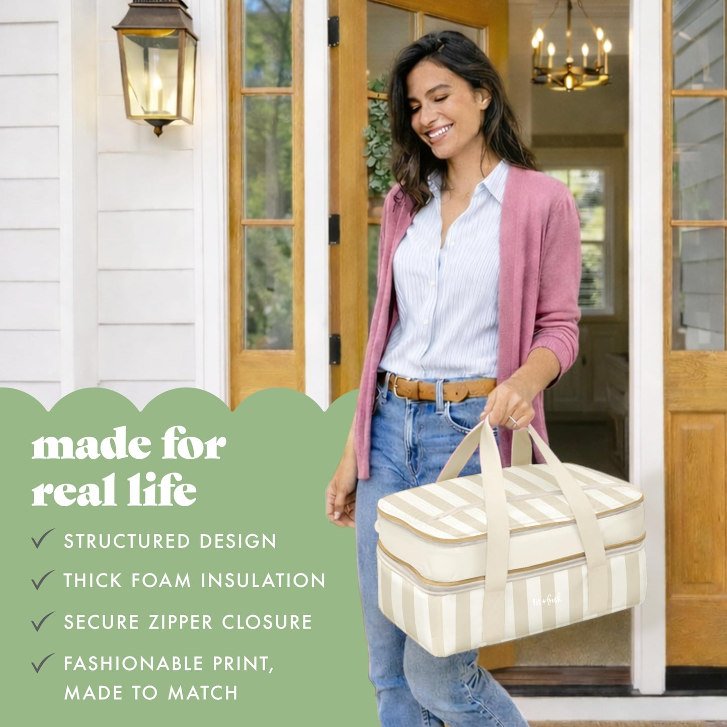 Fit & Fresh Insulated Casserole Carrier - Double Decker Food Carrier Fits Two 9x13 Dishes, Expandable Hot & Cold Food Transport Bag with Zipper Pocket for Potluck, Easter & Travel, Taupe Stripe