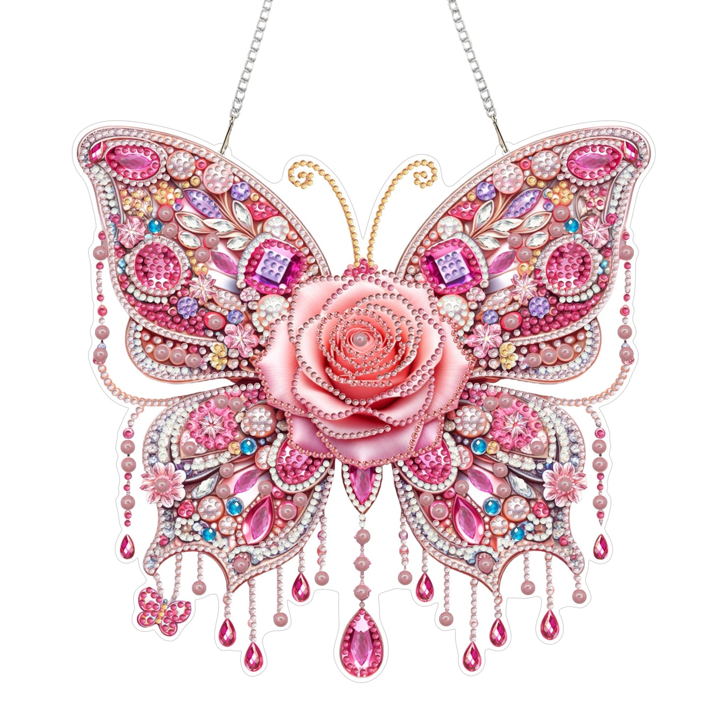 Yunzlly DIY Hanging Diamond Art Pendant Kit, Special Crystal Double Sided Diamonds Painting Ornament Kit for Adults, Acrylic Gem Painting Board for Window&Door&Wall (Pink Butterfly)