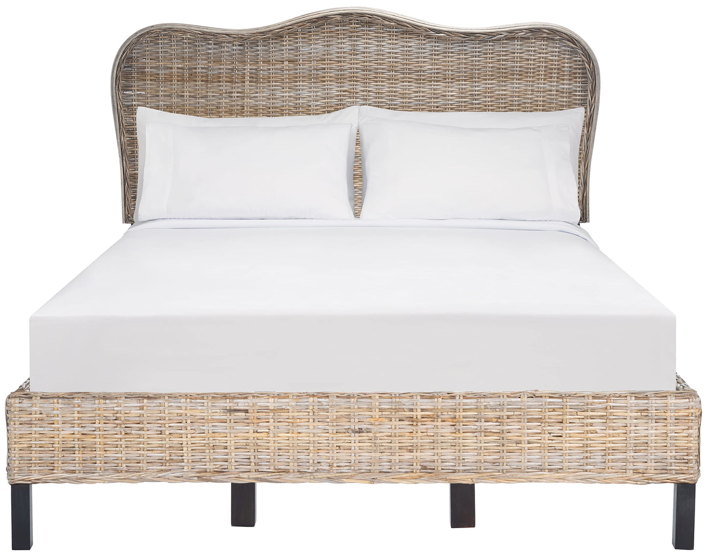 SAFAVIEH Home Collection Daejon Coastal Rattan Legs Camelback Headboard Full Size Bed BED8001A-F, Grey/Espresso