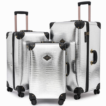 universal trotter 3-Piece High-Capacity Lightweight Vintage PU Leather Luggage Set (20/24/28 Carry-on & Checked), Water-Resistant PU Trunk Style, 360° Spinner Wheels (Silver)