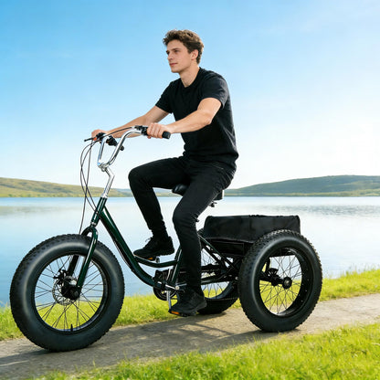Masiunoz Fat Tire Tricycle for Adults with 450 lbs Capacity, 7-Speed, 20" x 4" Fat Tires, Double Disc Brake and Large Rear Basket for Commuting, Shopping, Camping,Adults Tricycle