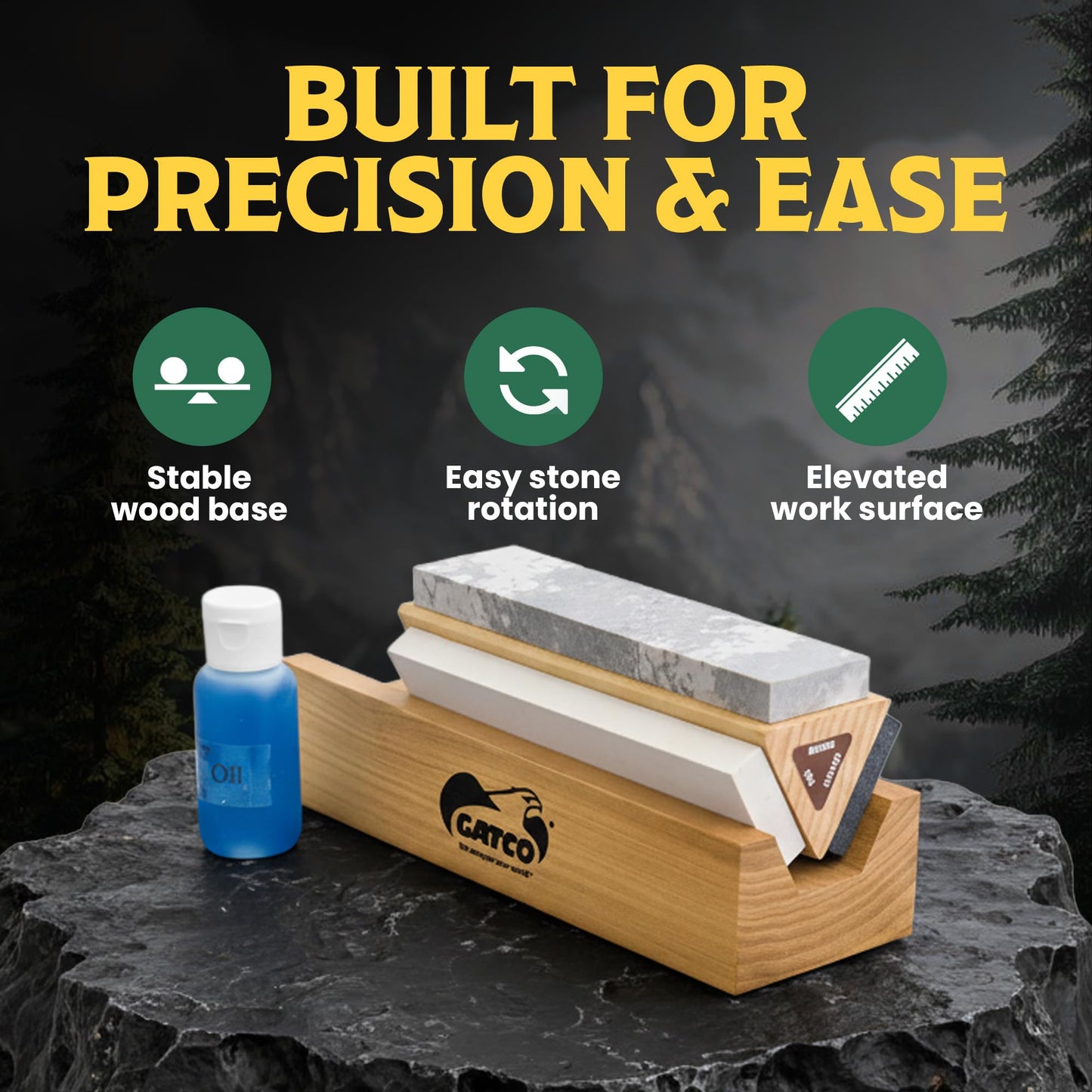 Gatco Arkansas Tri-Hone Sharpening Stone System – 3 Grit Knife Sharpening Kit with Soft, Medium & Coarse Stones, Honing Oil & Wood Base for Knives, Chisels, Blades, Straight Razors & Outdoor Tools
