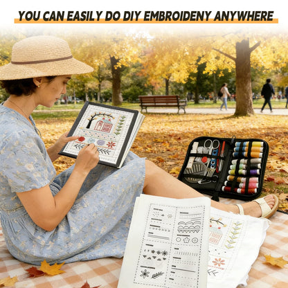 Embroidery Stitch Book Kit for Beginners, 106 Patterns with 86-Piece Tools, Portable DIY Learning Book with Video Tutorials, Mindfulness Hand Embroidery Starter Kit for Adults, Relaxing Craft Gift