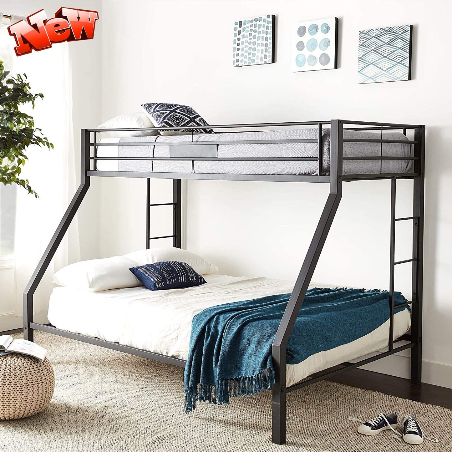 DANGRUUT Upgraded Version Thicken Metal Bunk Beds, Best Industrial Bunk Bed, Heavy Duty Bed Frame with Side Ladder and Safety Rails for Kids Girls Boys, Teens and Adults (Twin XL Over Queen)