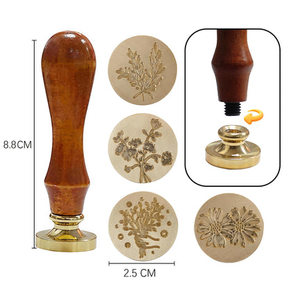 DBEFTLI 4-Piece Botanical Wax Seal Stamp Set – Interchangeable Solid Brass Heads & Wooden Handle – Vintage Floral Collection (Eustoma, Rosemary, Daisy, Tied Bouquet) in Gift Box for Weddings & DIY