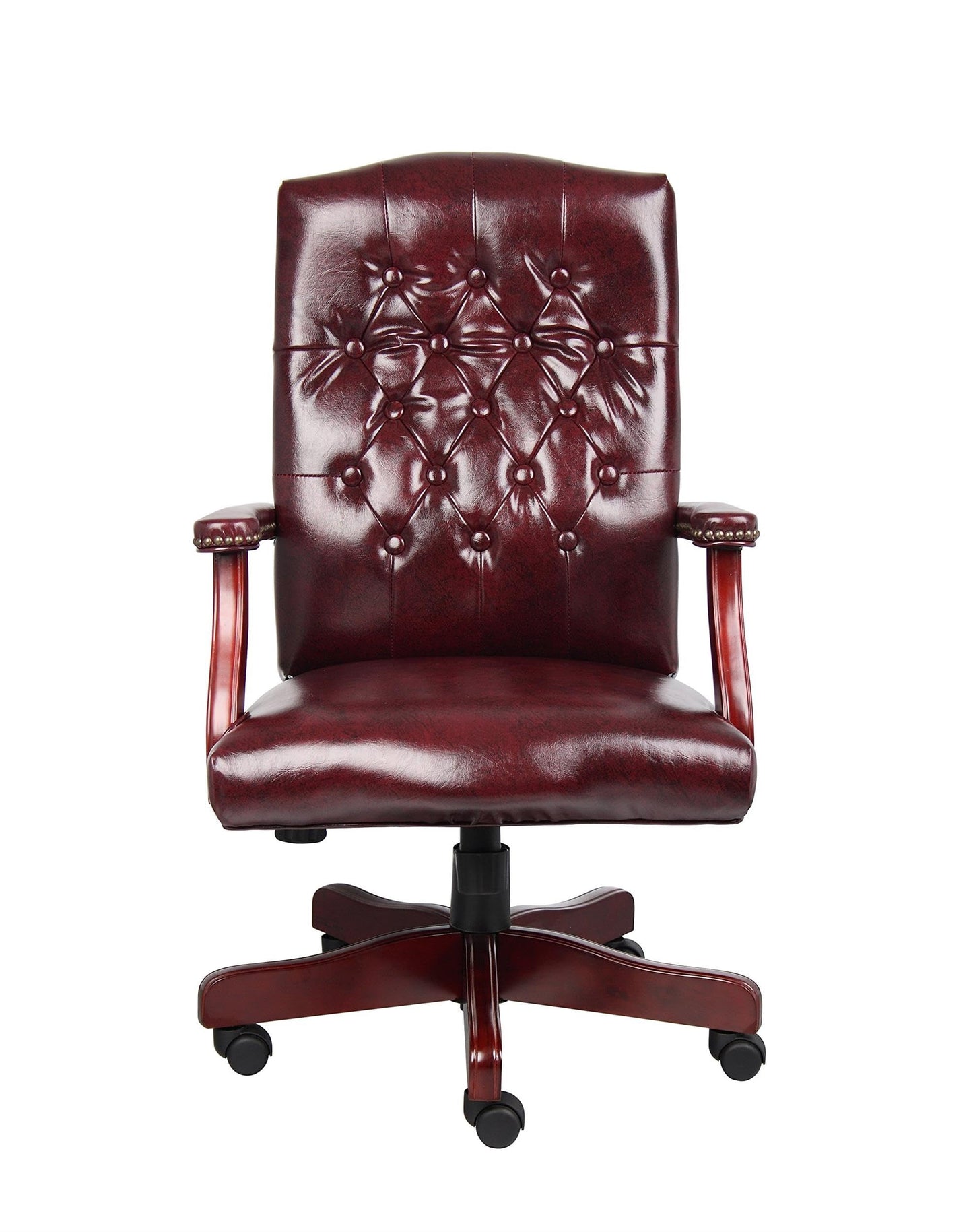 Pemberly Row High Back Executive Chair, Faux Leather with Tufted Design, Oxblood Finish, Mahogany Wood Frame, Height Adjustable with Rolling Casters, Padded Armrests, Office Chair 27" W x 28" D x