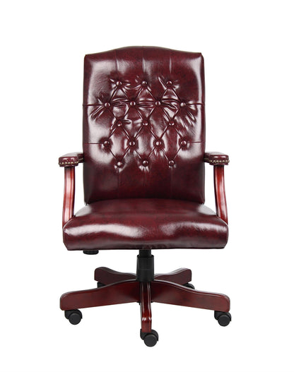 Pemberly Row High Back Executive Chair, Faux Leather with Tufted Design, Oxblood Finish, Mahogany Wood Frame, Height Adjustable with Rolling Casters, Padded Armrests, Office Chair 27" W x 28" D x
