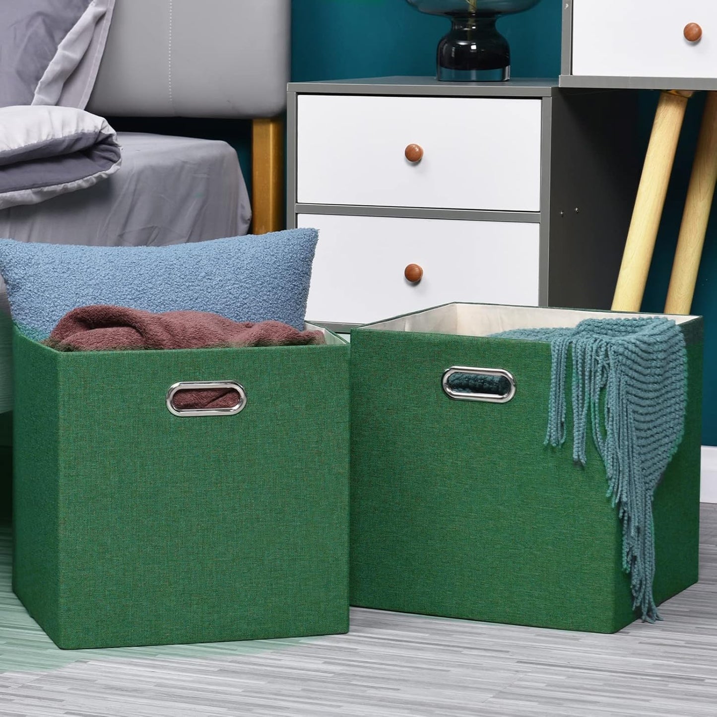Grass Green Cube Storage Bins 11×11 Linen Foldable Box Set of 4, Large Capacity Collapsible Organization Basket for