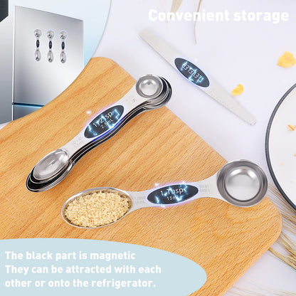 Measuring Cup and Magnetic Measuring Spoons Set, 5 Stainless Steel Nesting Measuring Cup & 7 Double Sided Stackable Magnetic Measuring Spoons & 1 Leveler, for Cooking Dry and Liquid Ingredient