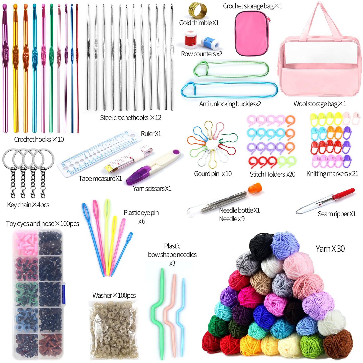 Crochet Kit for Beginners, 336Pcs Crochet Kits with 1500 Yards 30 Colors Yarn for Crocheting, 100Pcs Safety Eyes and Noses, knitting kit Accessories Include 30Pcs Crochet Hooks Waterproof Bag