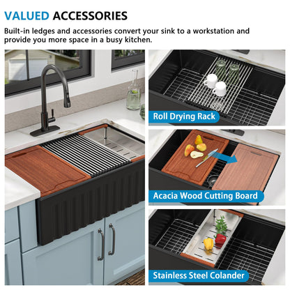 Fulorni 33"x20" Black Farmhouse Sink Workstation – Reversible Apron Front with Ledge, Matte Black Porcelain Ceramic Fireclay Single Bowl Farm Kitchen Sink Basin