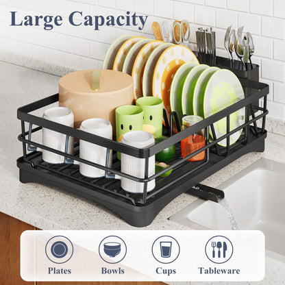 Dish Drying Rack - Rust Resistant Dish Drainer for Kitchen Counter with Drainboard & Rotating Spout, Large-Capacity Dish Rack with Removable Utensil Holder, Space-saving kitchen organizer, Black