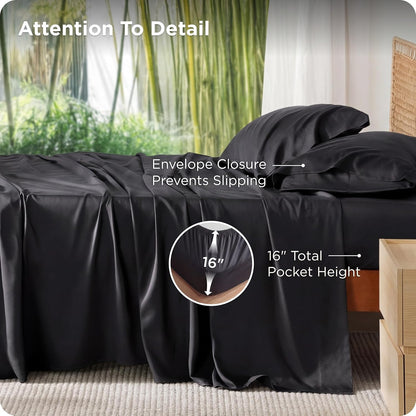PureWoven King Size Sheet Set - Cooling Rayon Bamboo Sheets | Deep Pocket, Soft & Breathable Black Bedding for Hot Sleepers