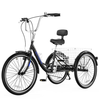 EOYOBIKE Adult Tricycle 3-Wheel Cruiser Bike, Low Step-Through Frame, Large Rear Basket, Heavy-Duty Comfort Bicycle with Adjustable Handlebar & Spring Saddle, 24/26 Inch Wheels for Seniors & Adults