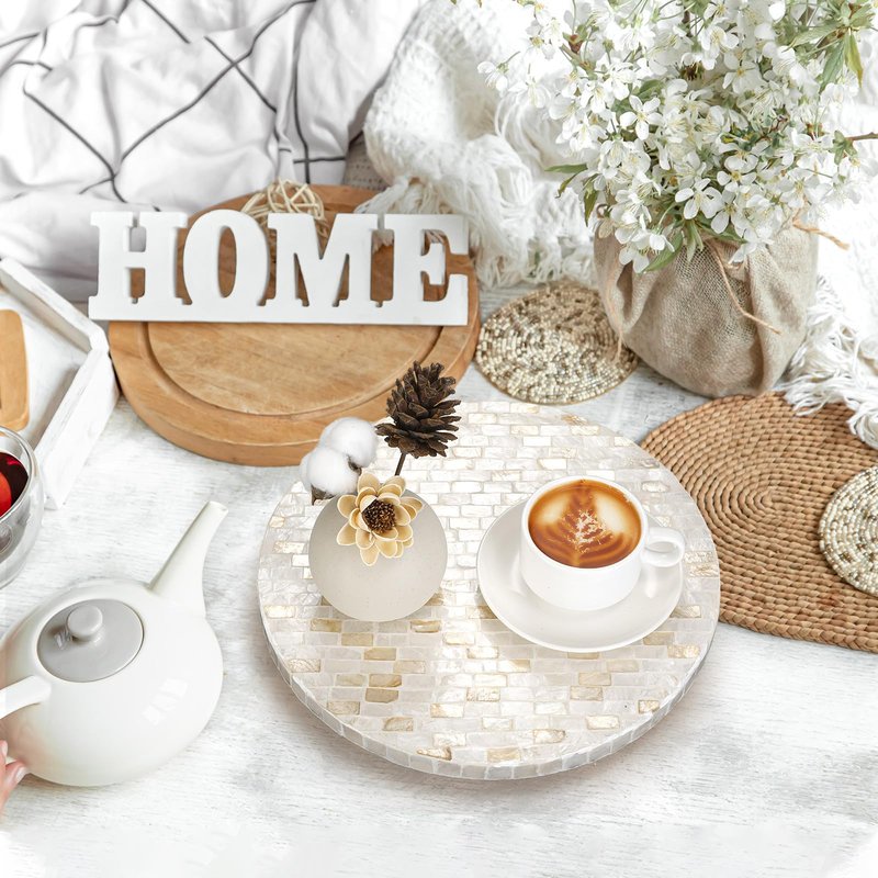 Reallnaive Mother of Pearl Lazy Susan for Table Turntable Organizer Wood Round Spinning Tray Rotating for Kitchen Cabinet Counter Spice Pantry 12 Inch (Marble Pattern)