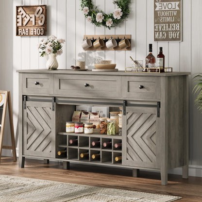 IDEALHOUSE 59'' Farmhouse Buffet Cabinet with Sliding Barn Door, 33.4'' Tall Wood Rustic Sideboard with 3 Drawer, Adjustable Shelf and Removable Wine Rack for Dining Room, Kitchen, Vintage