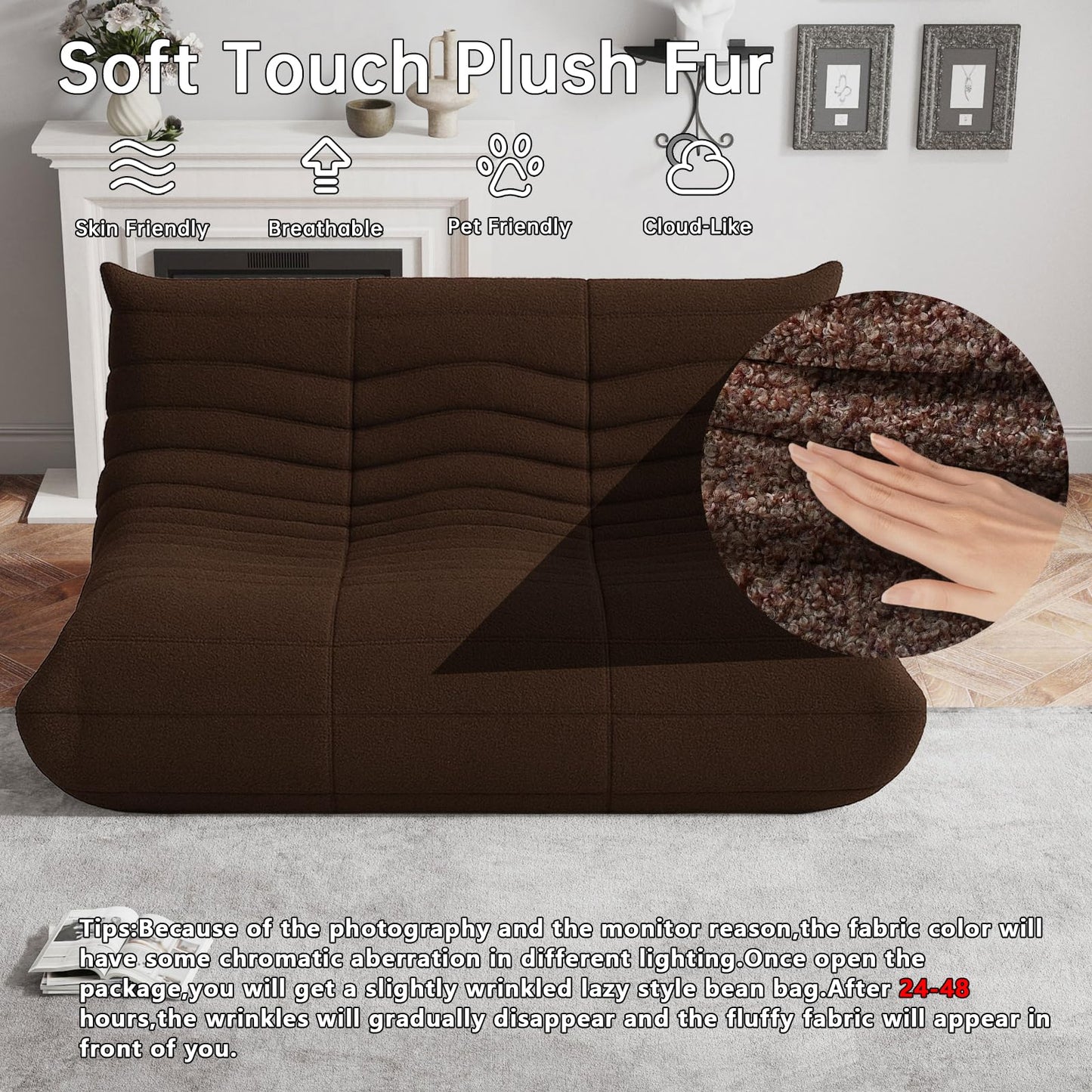 WHGBJA Bean Bag Chairs for Adults, BeanBag Reading Chair Memory Foam Couch 3-Seater, Floor Chair Soft Teddy Material, Comfy Reading Nook Chairs for Bedroom Living Room Office (Coffee)