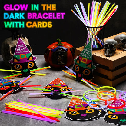 Blosssound 36 Sets Halloween Gifts 36 Halloween Cat Greeting Cards with 108 Glow Sticks Halloween Party Favors for Halloween Goodie Bag Fillers Glow in the Dark Decor Supplies