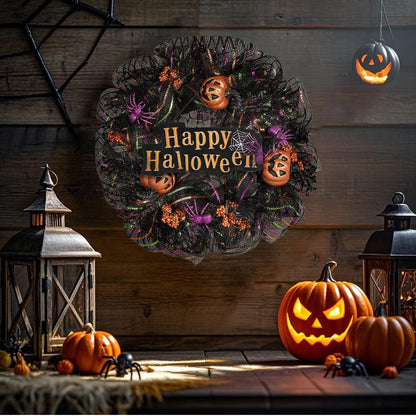 Huadanbor 24 inch Wreath, Halloween Wreath for Front Door, Halloween Spider Decor Pumpkin Skull Wreaths, Wall, Window, Garden and Offices Decor. (Black)