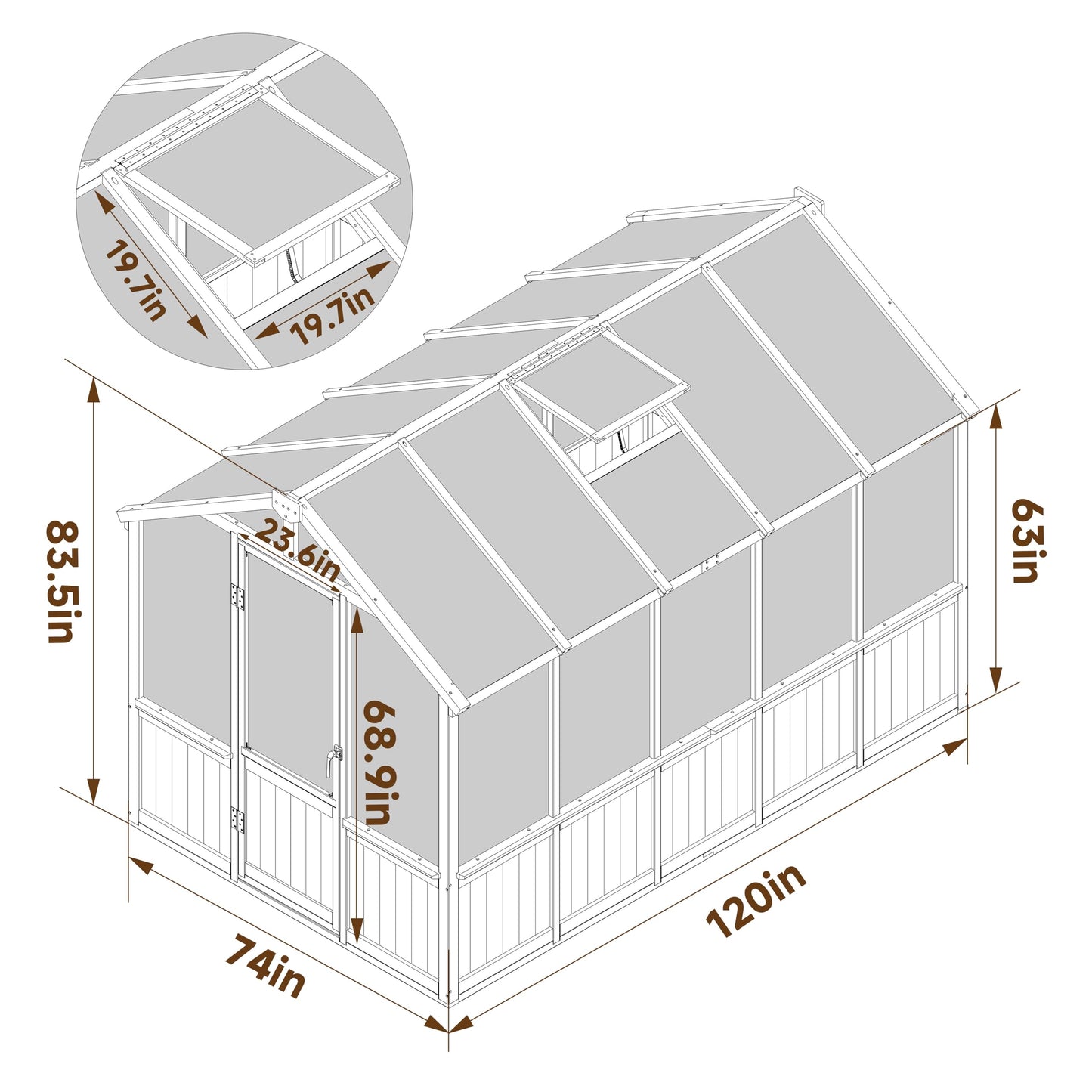 Yardenaler 6x10 FT Green House for Outdoor, 6MM Thick Polycarbonate Panel Wooden Walk-in Greenhouse Kit with Lockable Door and Adjustable Roof Vent, Backyard Garden, Light Mocha Brown