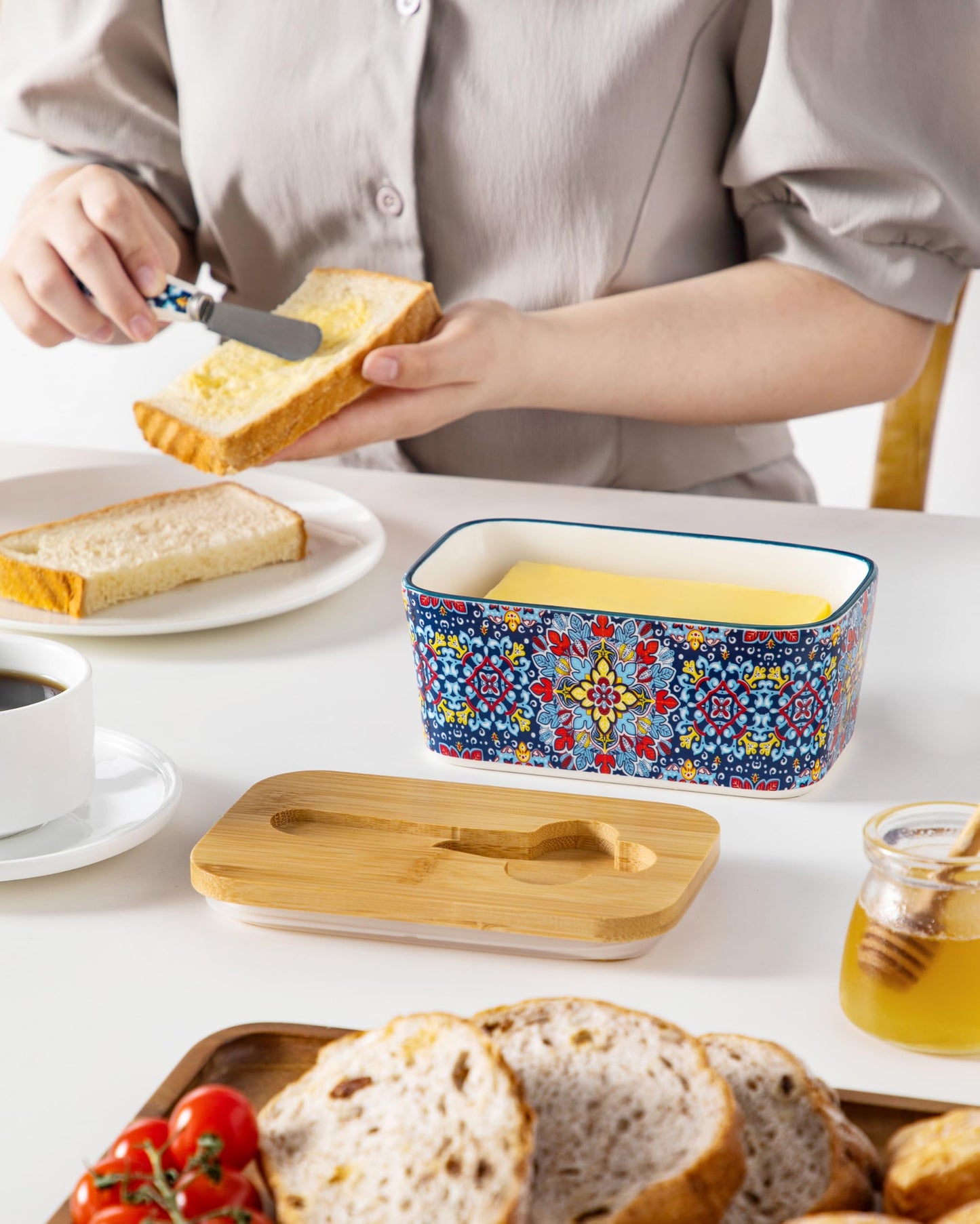 vancasso SIMI Butter Dish with Lid, 6.5" Large Butter Dish for Countertop, Bohemian Ceramic Butter Keeper Container with Knife and Bamboo Lid, Butter Holder for Counter, Twilight Bloom