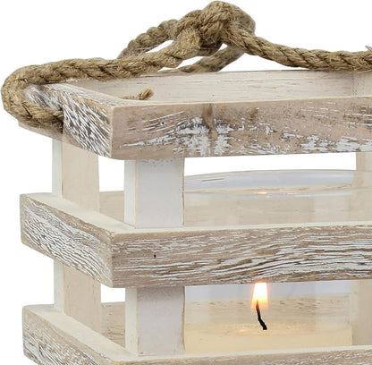 Stonebriar Small Worn White Wooden Candle Lantern with Removable Glass Cylinder Hurricane and Rope Handle