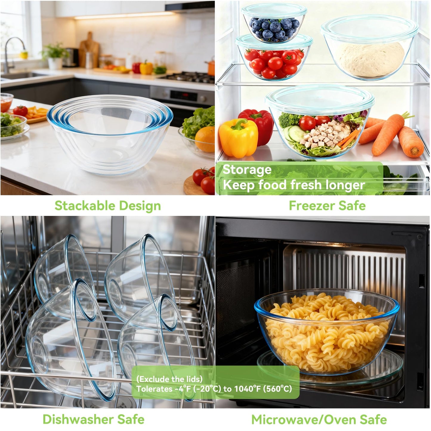 YUANYE 4 Pack Glass Mixing Bowls with Lids Set (3/1.7/0.9/0.6QT),Thick Glass Large Salad Bowl Set, Nesting Kitchen Bowls for Serving, Prepping, Cooking and Baking, Dishwasher, Oven,Microwave Safe