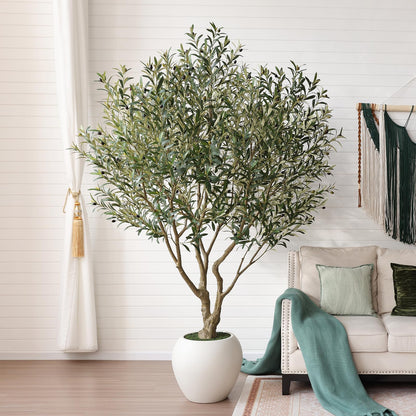 VeriNatural Artificial Olive Tree 8FT Faux Plant Home Decor - Large White Pot with Lifelike Silk Leaves, UV Resistant & No Maintenance - Indoor Outdoor Fake Tree for Modern Office Living Room,VN206