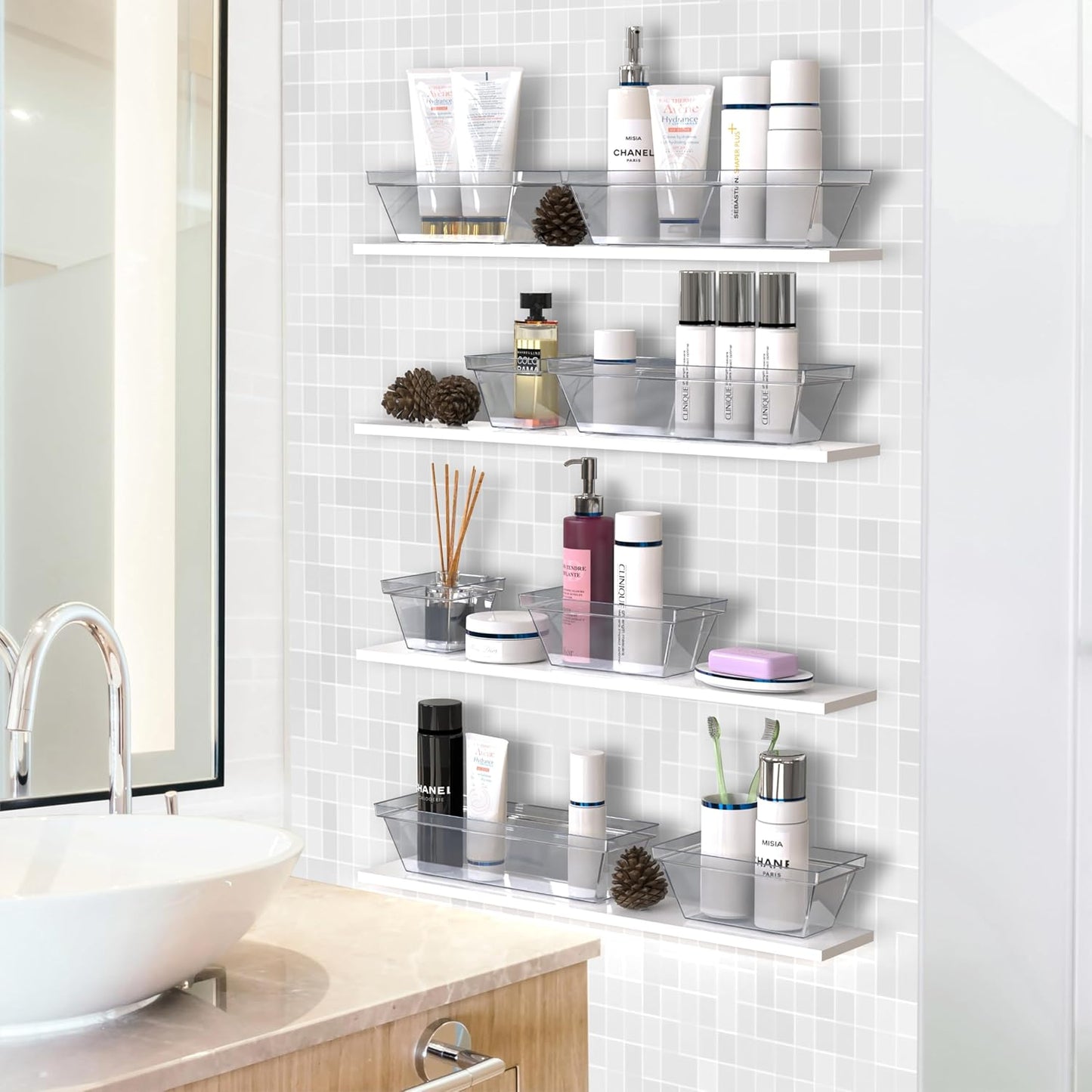 Yan & Hin Set of 25 Stackable Non-Slip Acrylic Organizers, 4 Sizes for Makeup Tray, Kitchen Drawer, Desk Drawer