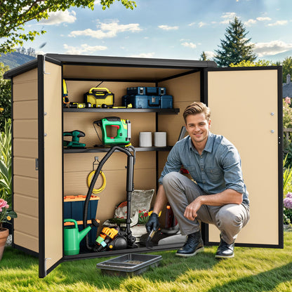 DWVO 4.2x2.6ft Outdoor Storage Shed with 2 Shelves, 54 Cu Ft Waterproof Resin Garden Shed with Floor & Lockable Door, Plastic Tool Cabinet for Garbage Cans, Lawn Equipment, Garden Supplies (Brown)
