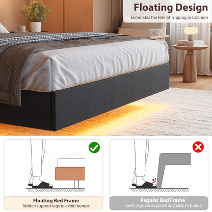 IDEALHOUSE King Floating Bed Frame with LED Lights & Charging Station, Upholstered Platform Bed with Storage Headboard, Wood Slats Support, No Box Spring Needed, Easy to Assemble, Black