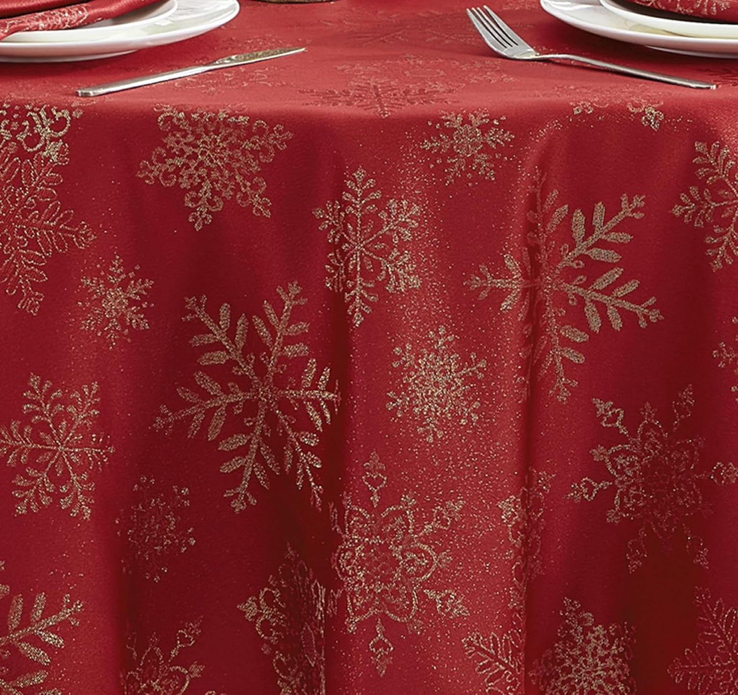 Newbridge Fancy Metallic Snowflake Christmas Tablecloth - 70 Inch Round, Red Gold, No-Iron Soil Resistant Holiday Cover