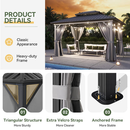 Aoxun 10'x14' Hardtop Gazebo, Aluminum Frame Canopy with Double Galvanized Steel Roof, Outdoor Metal Pavilion with Netting, Curtains for Backyard, Patio and Deck