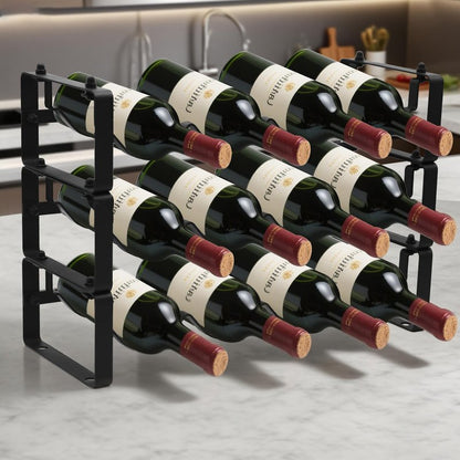 STAEVER Black Wine Rack for 12 Bottles – Stackable & Expandable Metal Wine Bottle Holder for Bar Counter, Cabinet, Pantry, or Small Spaces – Modern Freestanding Wine Storage Shelf (3 Tier, Black)
