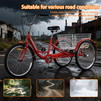 Adult Tricycle 7 Speed, 24 Inch 3 Wheel Trike Load 550lb,with Rear Basket,for Women，Seniors Picnic Exercise Shopping (RED)