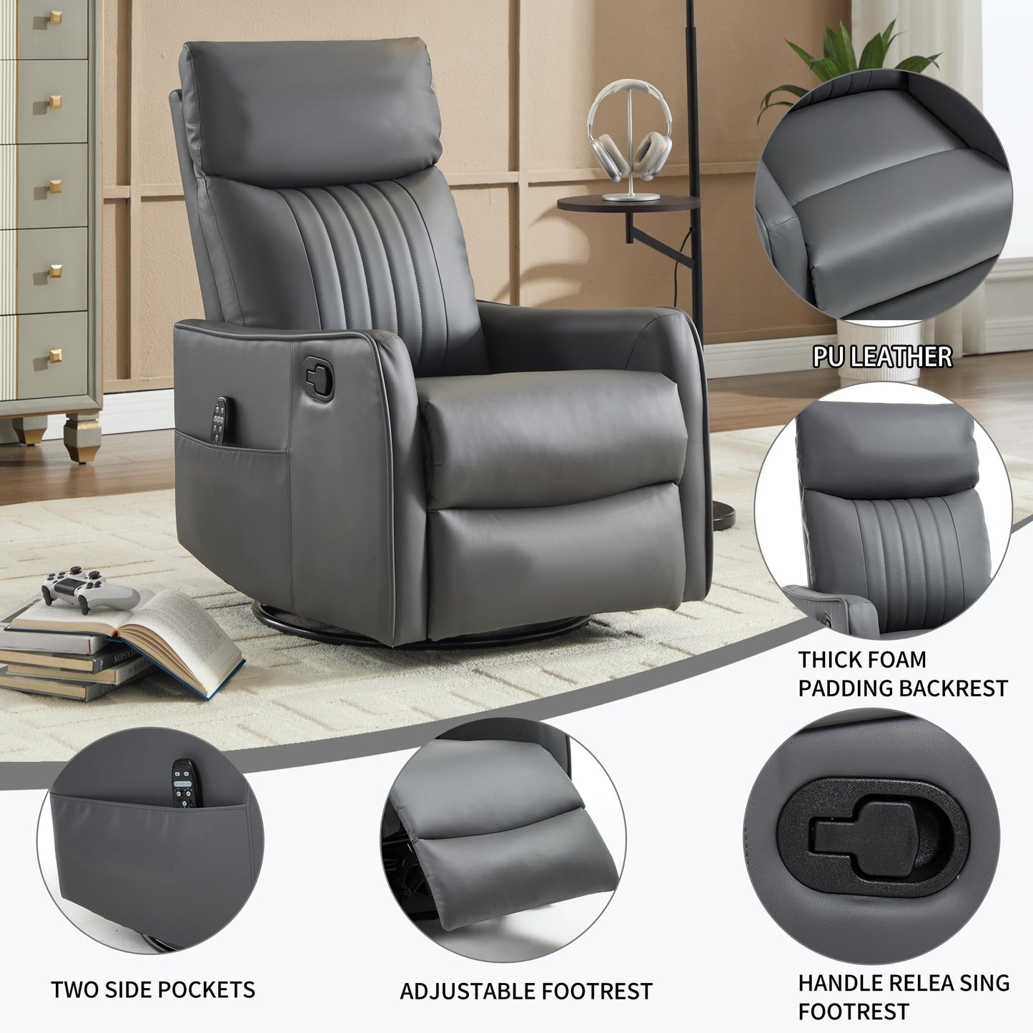KEIKI 4-in-1 Manual Swivel Rocker Recliner Chair for Living Room, Faux Leather Nursery Glider Rocking Chairs with Back Massager & Heat, Built for RV Travel Living and Mobile Home, Grey