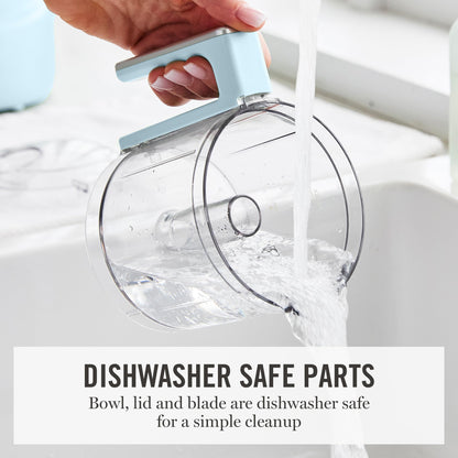 Martha Stewart 3 Cup Food Processor, Electric Vegetable Chopper, Stainless Steel Blades, 24oz BPA-Free Bowl, Pour Spout, Dicing, Mincing, Chop & Puree, Dishwasher Safe, Oil Chute, Easy-Clean, Sky Blue