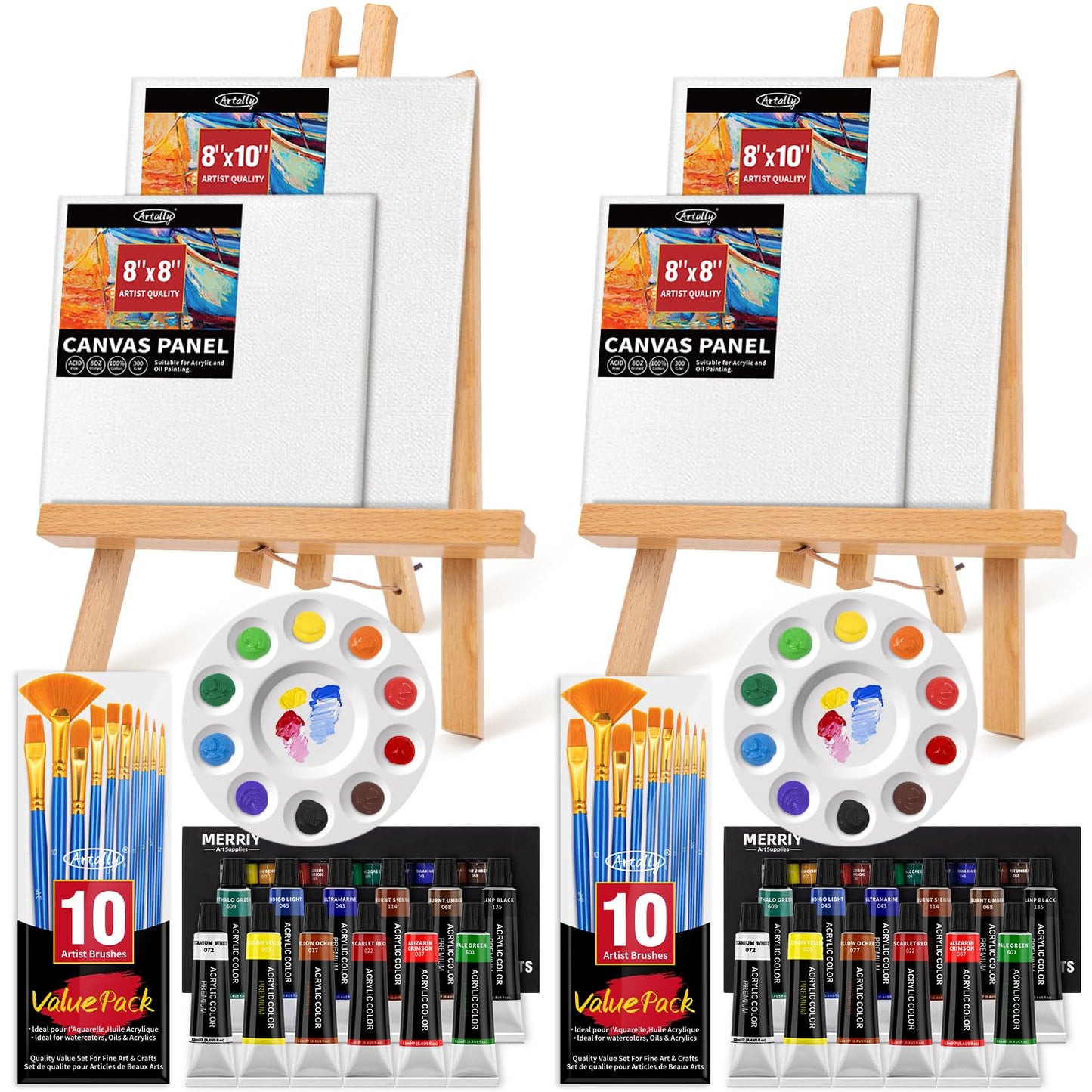 Set of 2 Acrylic Painting Kits for Adults and Couples, Sip and Paint Kit for Date Night, Acrylic Painting Kit with Canvas Boards and Easels, Professional Art Set for Couples, Families, Beginners
