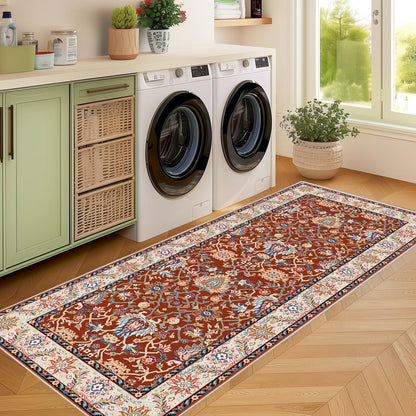 Washable 2x6 Hallway Runner Rug, Non-Slip Low Pile Cozy Kitchen Runner Rug, Brick Red Boho Vintage Floral, Ultra Soft, Stain Resistant, Pet & Kid Friendly Rugs for Bedroom Bathroom Laundry Room