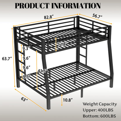 Bellemave Metal Full XL Over Queen Bunk Bed with High Guardrail & Under-Bed Storage, Heavy Duty Bunk Beds Frame with 2 Side Ladders, Full Over Queen Bunk Bed for Adults, No Box Spring Needed, Black