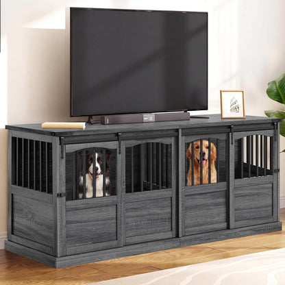 Homiflex 72" Double Dog Crate Furniture for 2 Medium Large Dogs Wooden Heavy Duty Dog Kennel Furniture with 2 Sliding Doors and Divider Decorative Dog Cage TV Stand End Table for Indoor, Grey