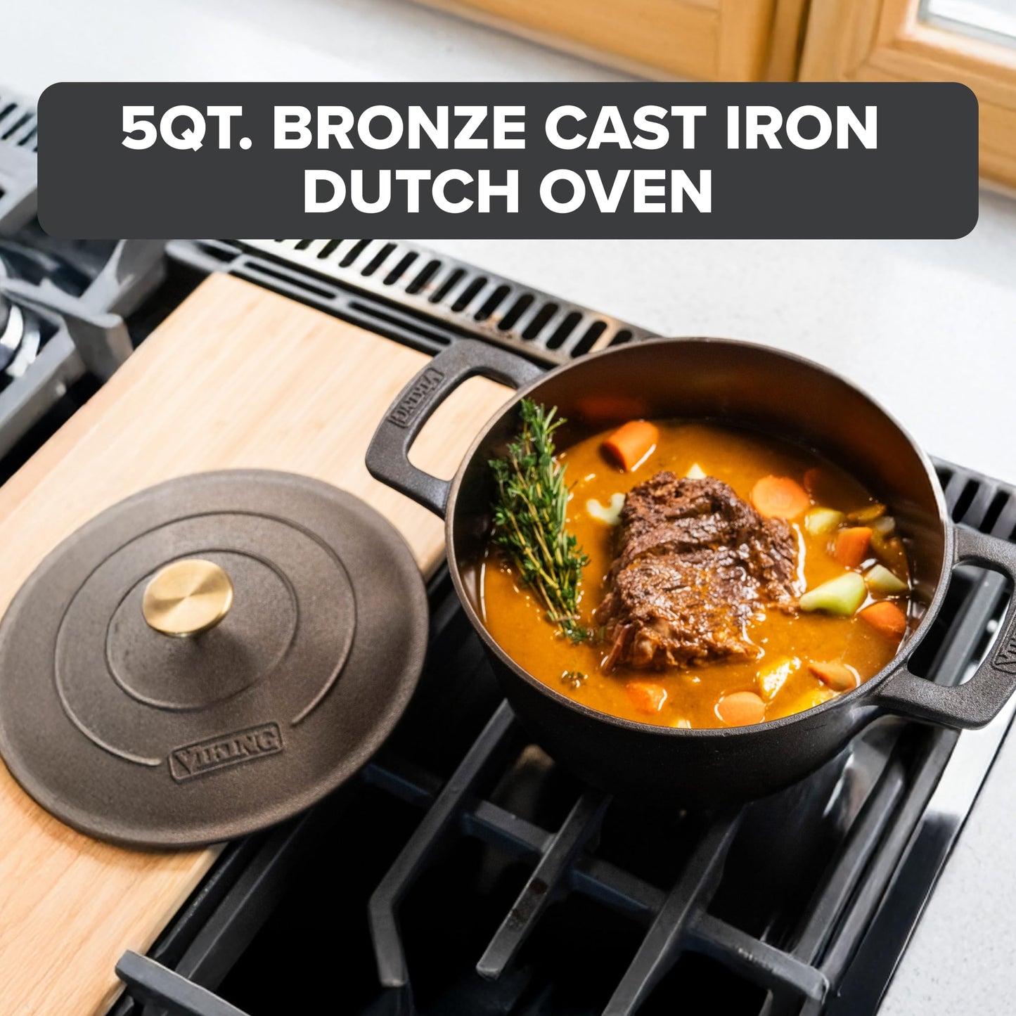 Viking Nonstick 5 Quart Dutch Oven with Self-Basting Lid, Bronze Cast Iron Cookware Pot, Made without PFAS, Induction Compatible, Oven Safe to 500F