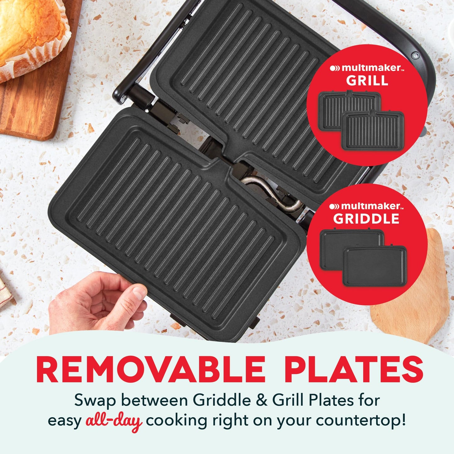 Dash MultiMaker® Flex Press Grill System, Grill and Griddle - Nonstick Removable Plates - Indoor Countertop Electric Grill for Sandwiches, Burgers, and Breakfast - Forged Iron