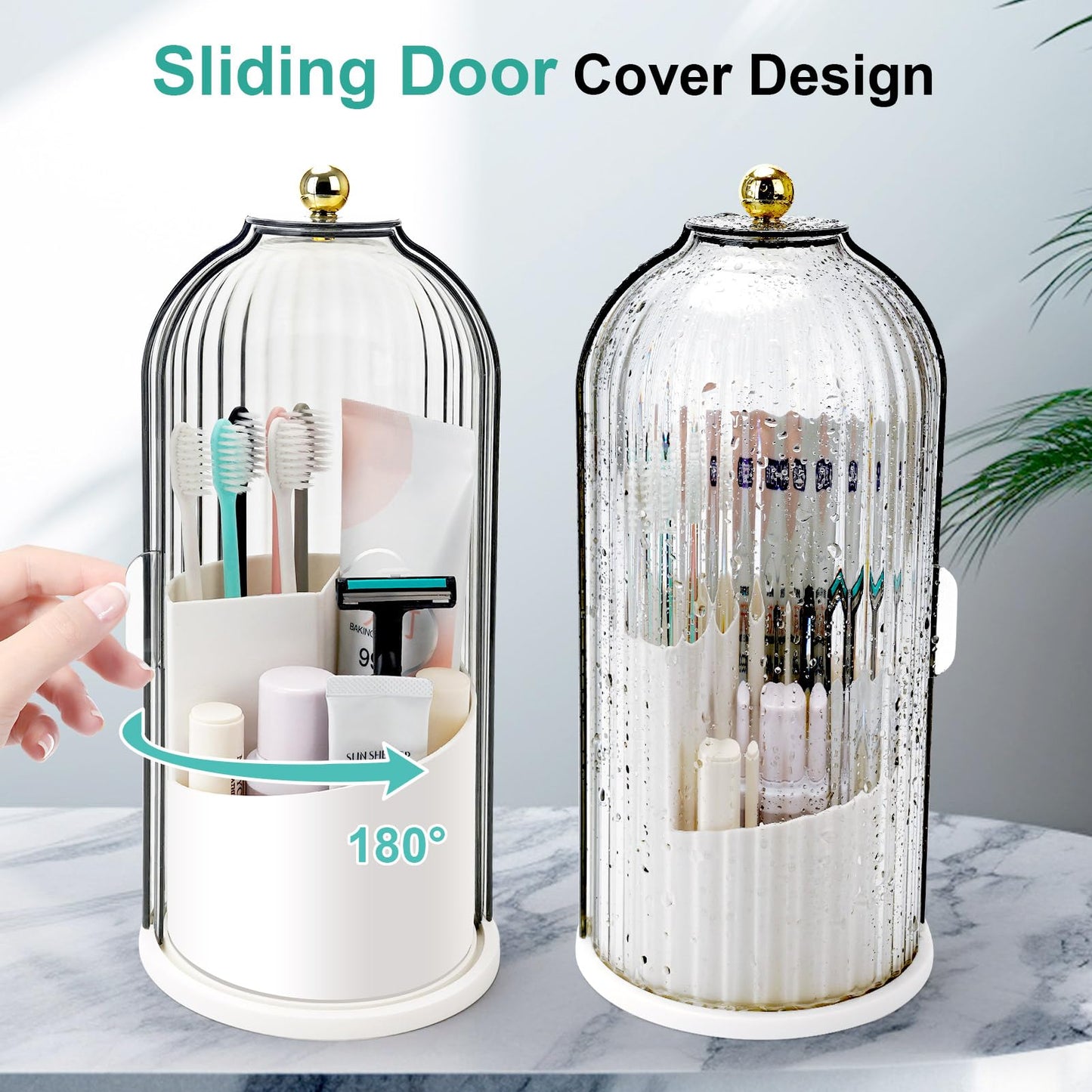 QIYVLOS Toothbrush Holders with Sliding Lid, Rotating 3 Slots Bathroom Organizer Countertop, Tooth Brush Toothpaste Holder Bathroom Counter Stand Sink Organizer Caddy for Vanity Makeup Brushes Holder