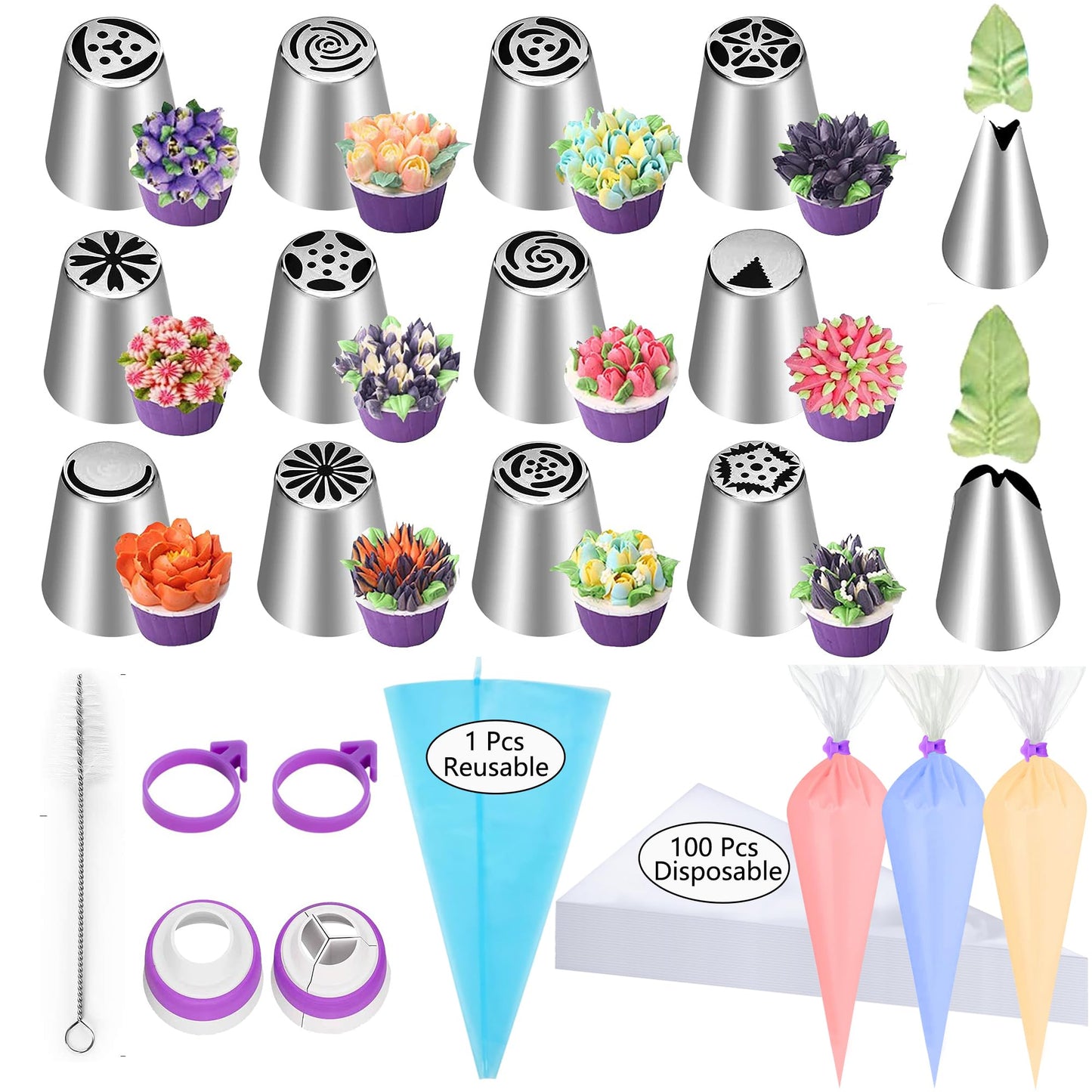 GZMAISULEE 120 PCS Piping Bags and Tips Set 14 In 100 PCS Pastry Bags Cupcake Cookie Cake Decorating Kit 12 Flower Frosting Nozzles 2 Leaf Piping Tips 2 Couplers 2 Icing Bag Ties 1 Tips Brush