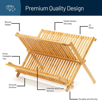 RoyalHouse Premium Natural Bamboo Dish Rack, Collapsible Dish Drainer, Foldable and Compact Dish Drying Rack for Kitchen Counter