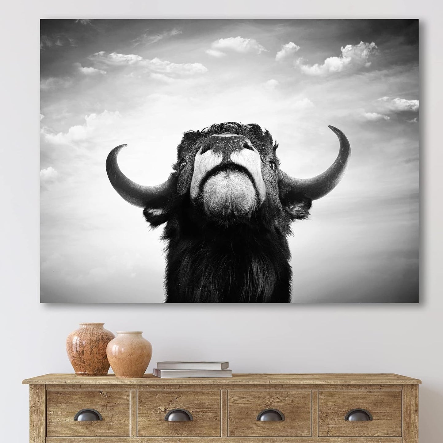 Monochrome Portrait of a Spanish Bull Farmhouse Canvas Wall Art, 12x8, Black