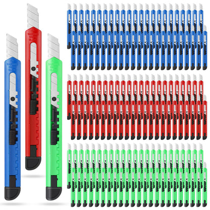 Lasnten 200 Pcs Box Cutter Utility Knife Small Retractable 9mm Wide Snap off Blade Knife Plastic Compact Box Opener with Sliding Lock Tools for Home Office Arts Crafts, 3 Colors