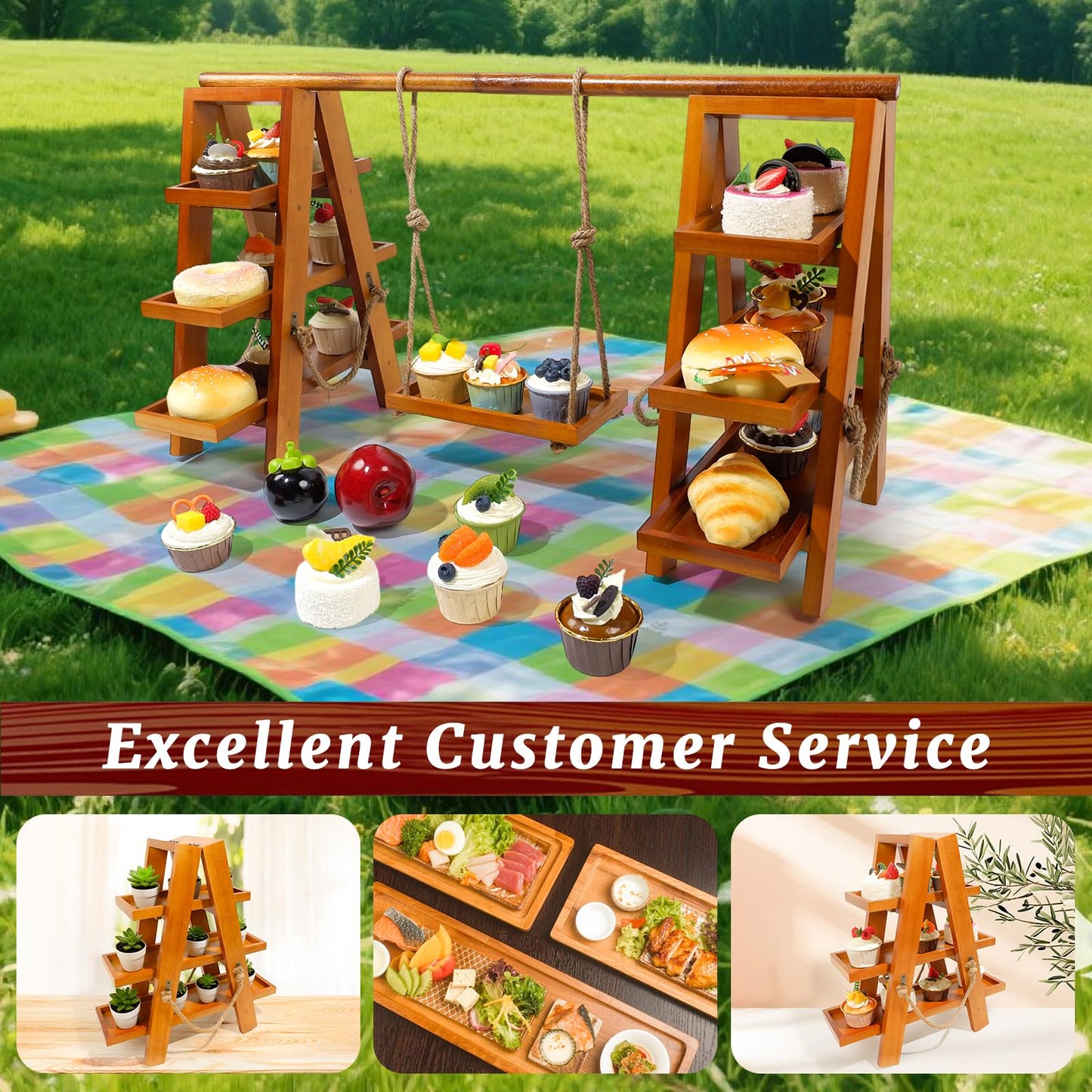Tnstbiee 3 Tier Cupcake Stand - Wooden Display Stand for Desserts, Fruits, Nuts, Cheese - Removable Trays and Foldable Stand - Perfect for Parties and Events - Rustic and Unique Wooden Serving Tray